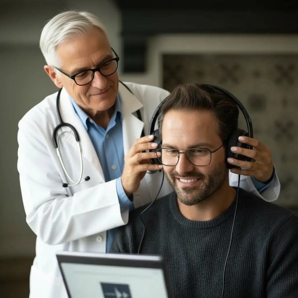 ENT specialist examining ear during ototoxicity hearing evaluation at Harley AVM