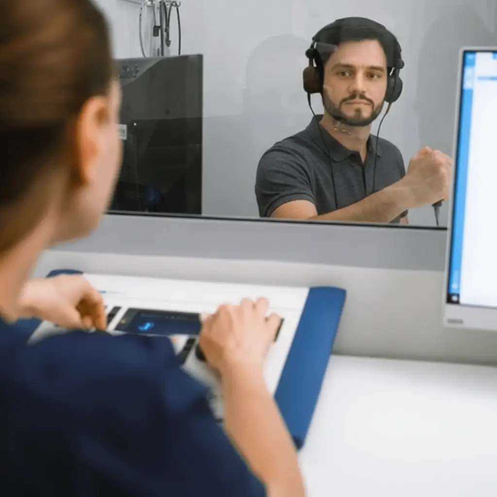 Patient undergoing LDL hearing test to assess sound tolerance in London
