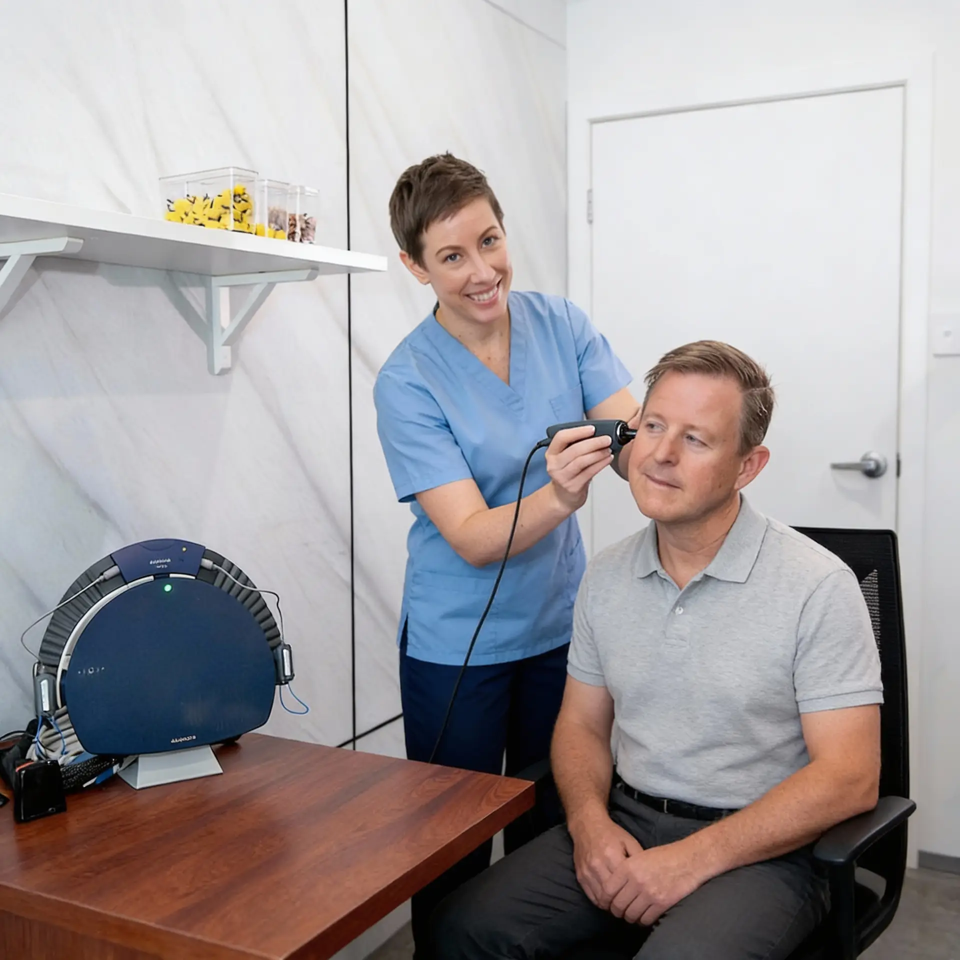 Patient performing a speech in noise hearing evaluation