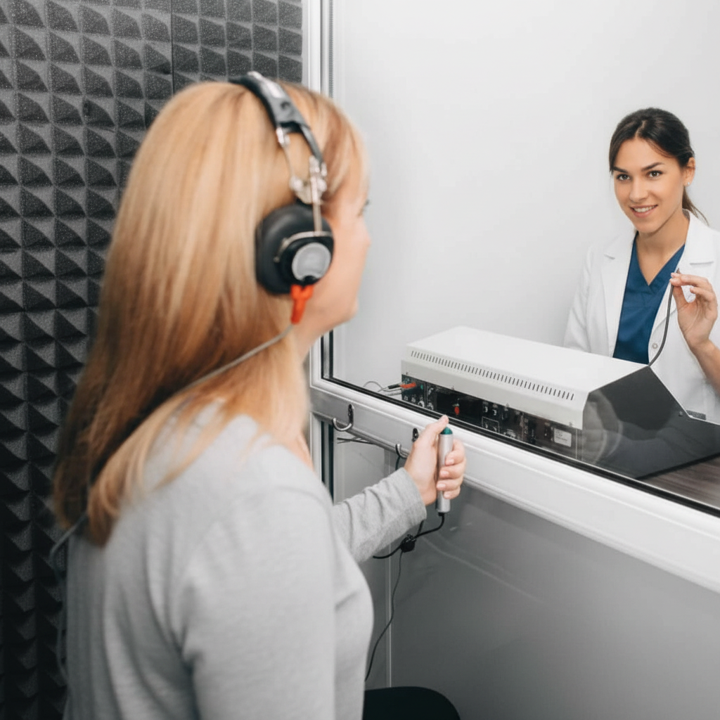 Audiologist performing pure tone hearing evaluation for hearing loss at Harley HVM