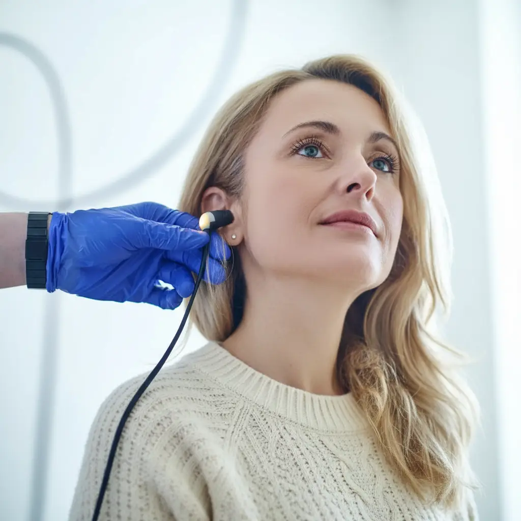 Audiologist conducting an otoacoustic emissions hearing assessment