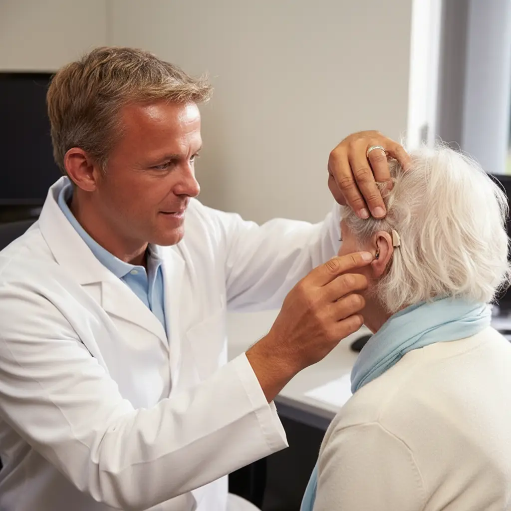Audiologist measuring loudness discomfort levels in clinical hearing assessment