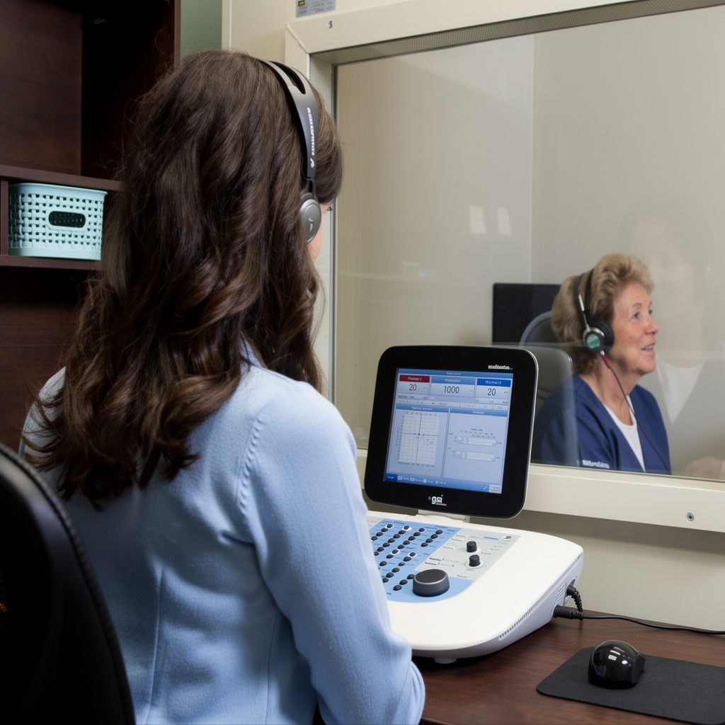 Hearing specialist reviewing pure tone audiogram results at Harley HVM