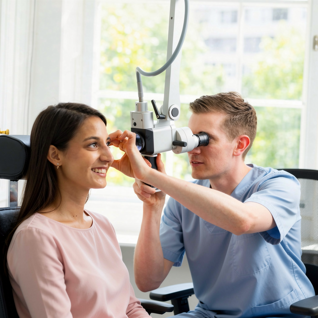 Audiology clinician conducting vestibular function testing for migraine-related dizziness