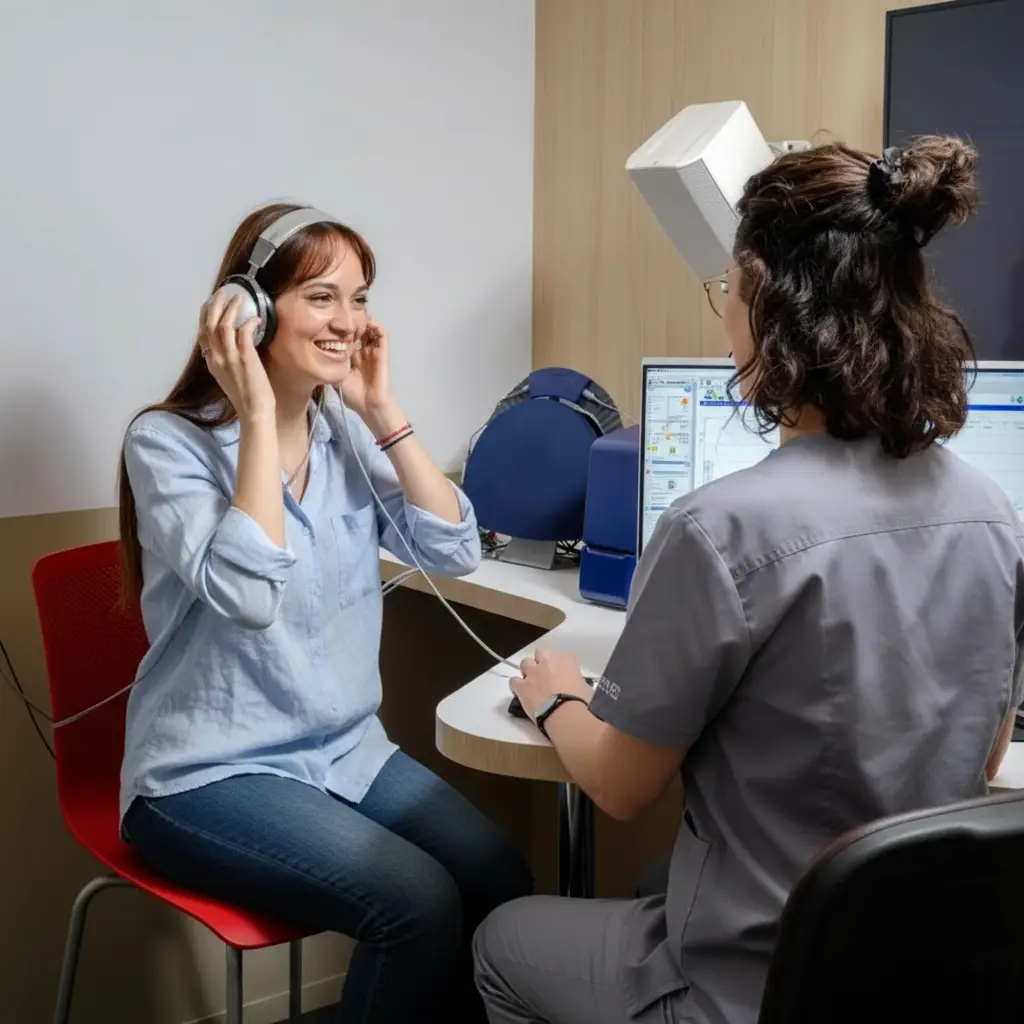 Clinician evaluating involuntary ear muscle contractions and MEM