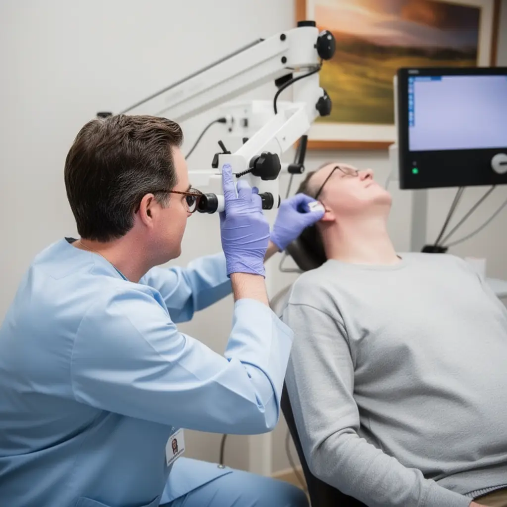 Patient receiving cranial nerve evaluation for Ramsay Hunt syndrome symptoms in Harley AVM