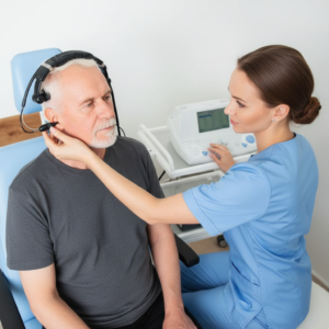 Patient undergoing clinical assessment for autoimmune inner ear disease at Harley AVM London
