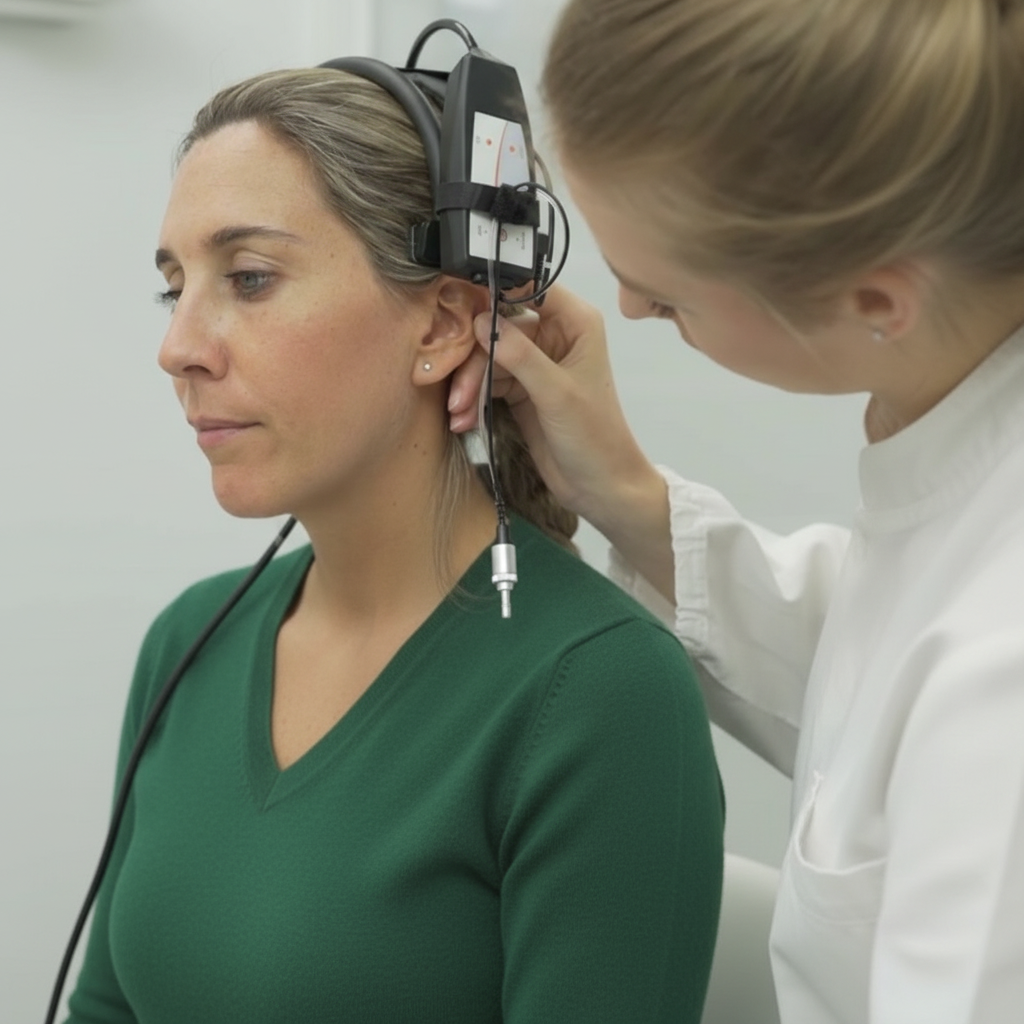 Middle ear pressure testing using tympanometry during hearing evaluation