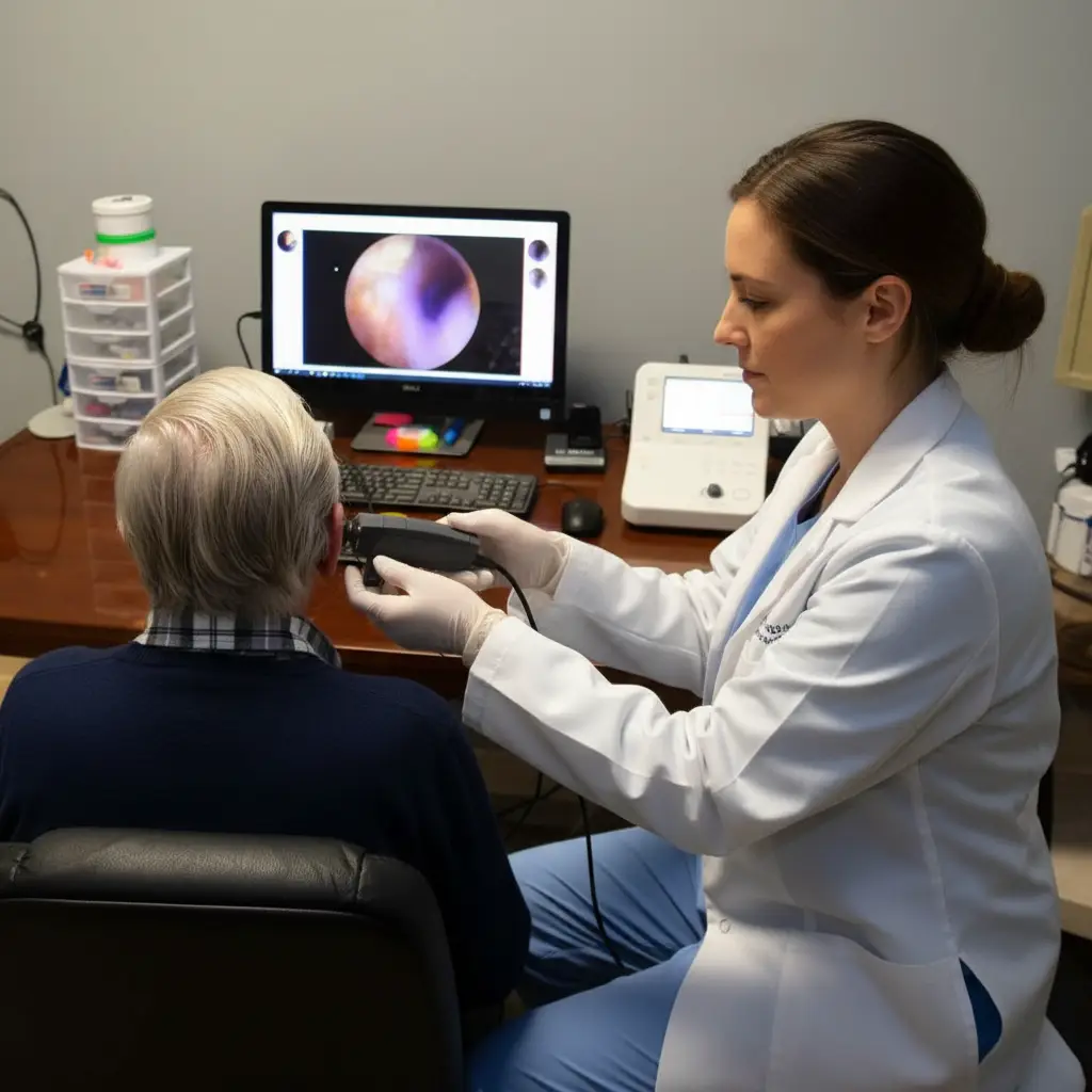 ENT specialist examining ear as part of auditory neuropathy hearing assessment