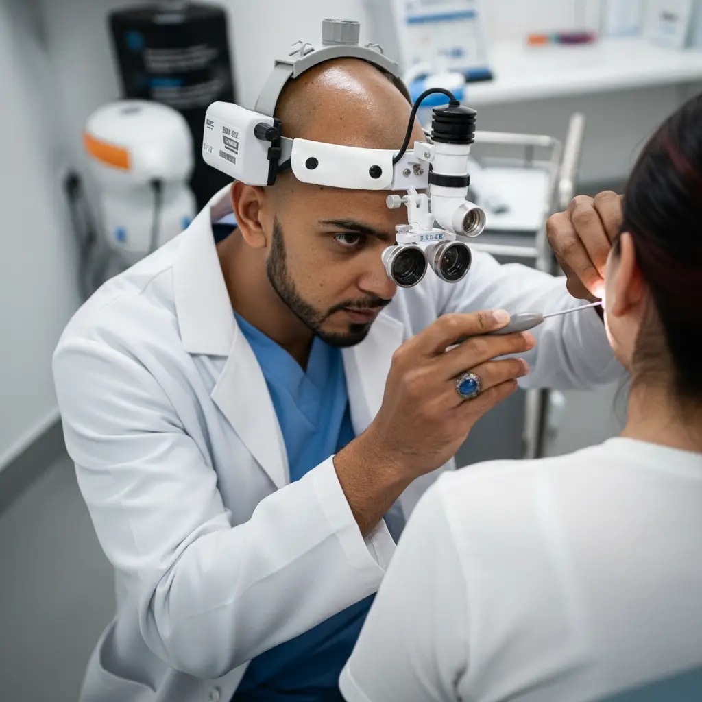 Audiology clinician assessing vestibular nerve function during vestibular neuritis evaluation in London