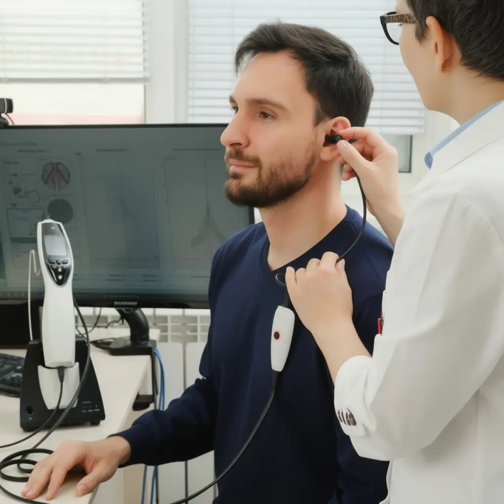 Patient undergoing hearing assessment for suspected ototoxicity at Harley AVM London