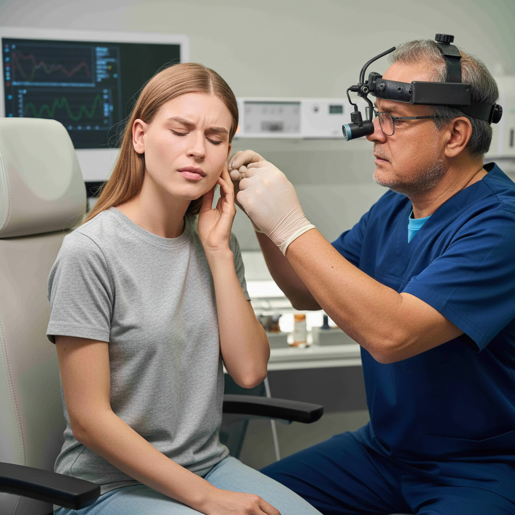 Patient undergoing specialist hearing and balance tests for labyrinthitis care