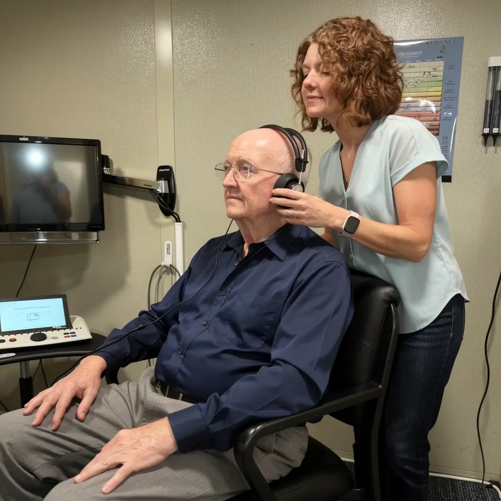 Audiologist conducting a speech-in-noise test for hearing
