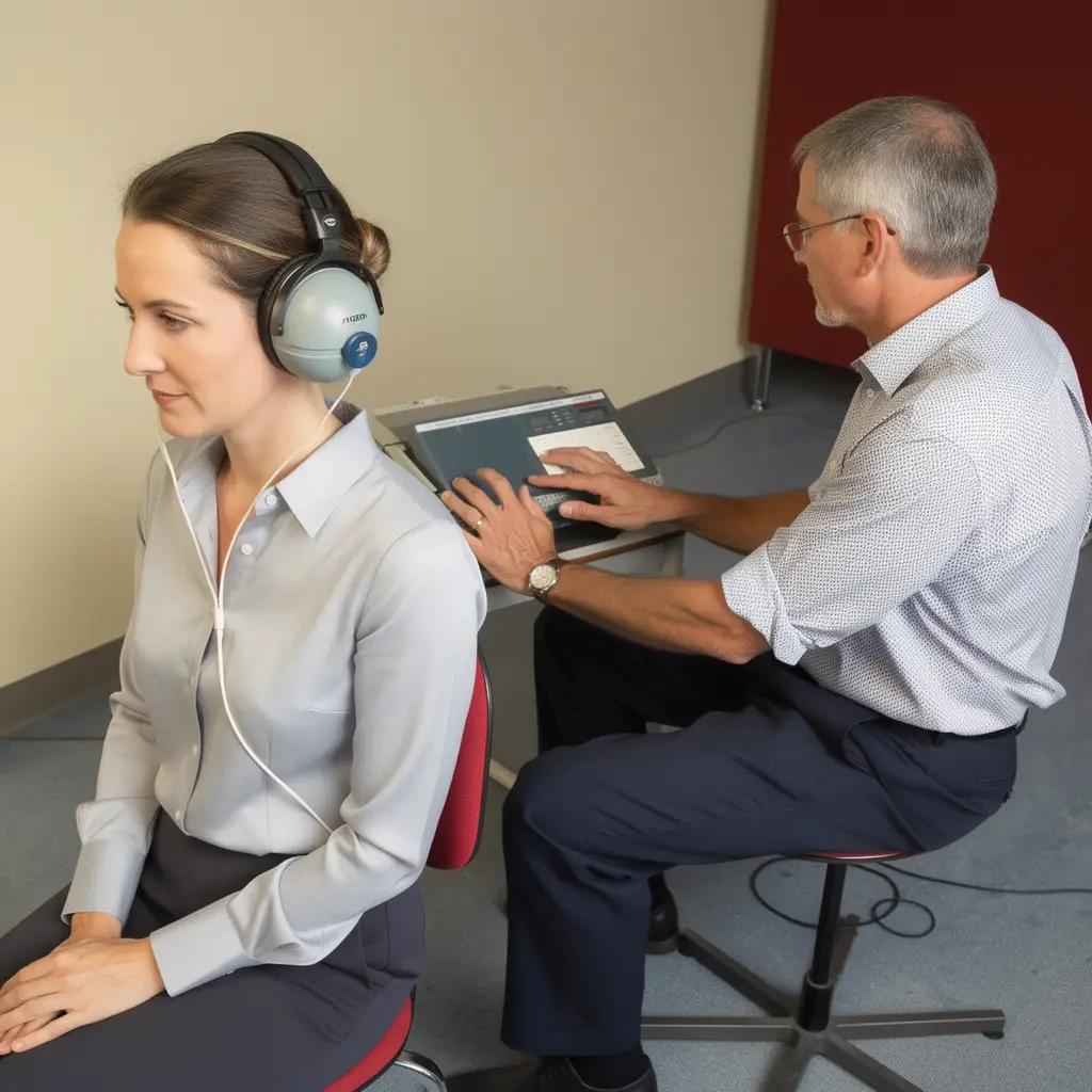 Patient undergoing Threshold Equalizing Noise test for hearing diagnosis