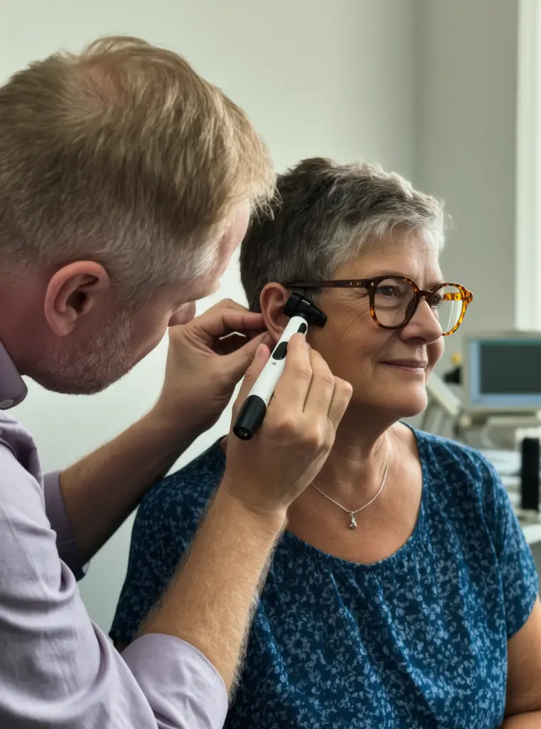 Audiologist performing a tympanometry test on an elderly patient at Harley Street AVM London